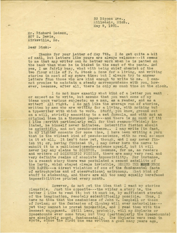 Typewritten letter from E. E. "Doc" Smith to Richard Dodson. Smith introduces some of his thoughts on science fiction publishing.