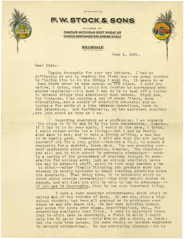 Typewritten letter from E. E. "Doc" Smith to Richard Dodson. Smith speaks about his career in chemistry and gives Dodson advice on pursuing a career in chemistry. Smith goes on to explain and defend "Spacehounds" and some of his recent writings. Then, Smith discusses authors and works that he enjoys.