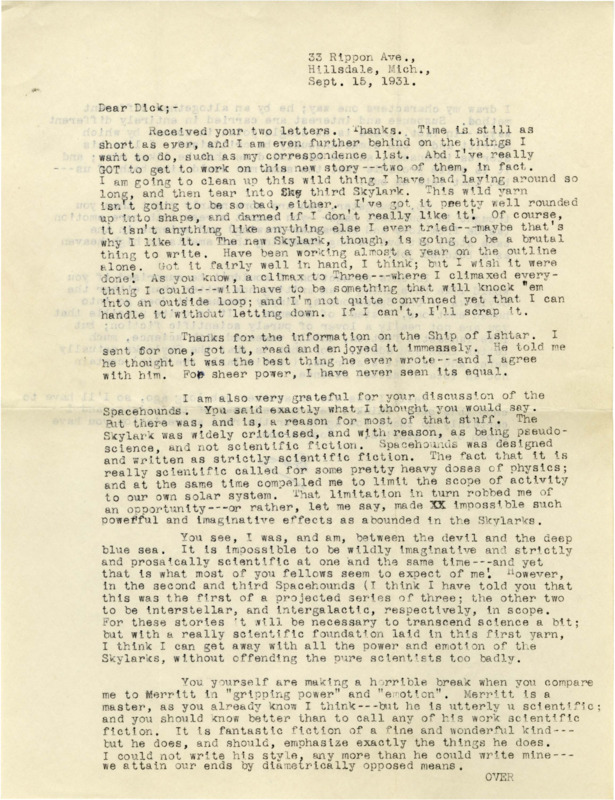Typewritten letter from E. E. "Doc" Smith to Richard Dodson. Smith talks about his "Skylark" and "Spacehounds" works along with an unnamed upcoming story. Smith then talks about his struggles when writing sci-fi.