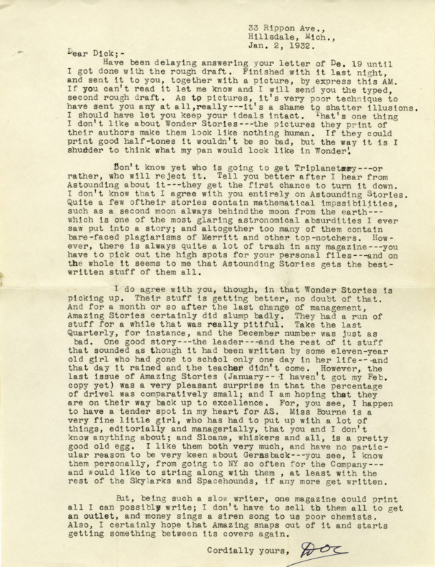 Typewritten letter from E. E. "Doc" Smith to Richard Dodson. Smith describes sending Dodson a rough draft with illustrations, discusses the mathematical impossibility of many Astounding Stories publications, and debates where "Triplanetary" will be published.