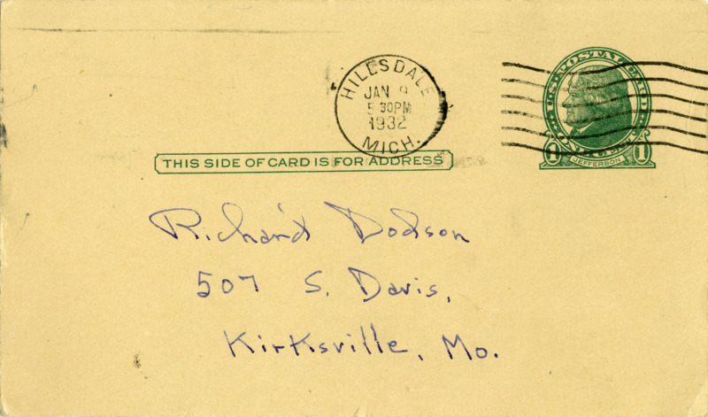 Handwritten postcard from E. E. "Doc" Smith to Richard Dodson