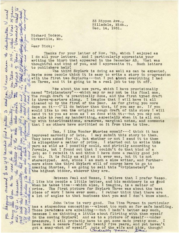 Typewritten letter from E. E. "Doc" Smith to Richard Dodson. Smith writes about progress in writing "Skylark" and his future plans for "Triplanetary." Smith then discusses stories and authors he likes.