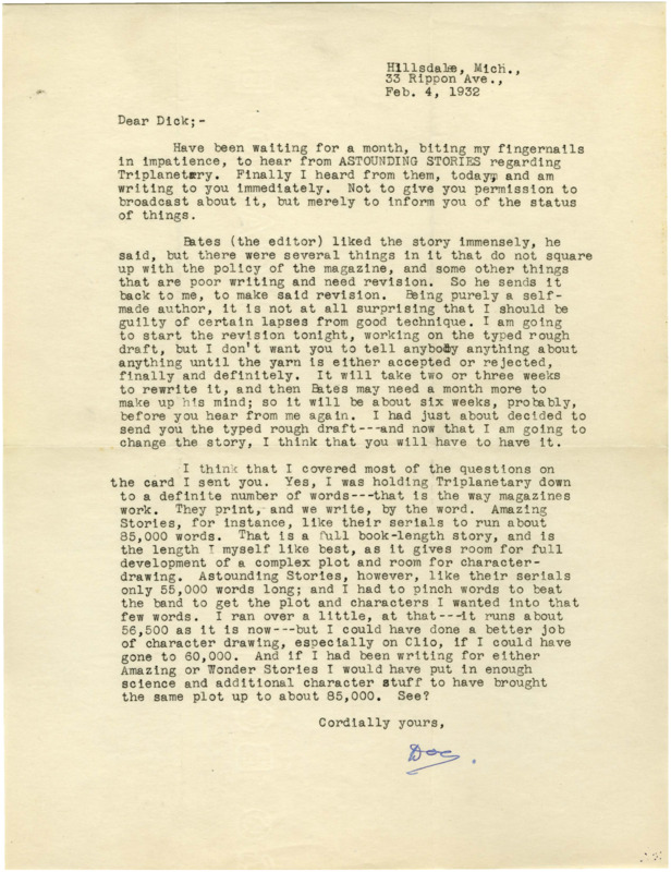 Typewritten letter from E. E. "Doc" Smith to Richard Dodson. Smith writes about his progress in publishing "Triplanetary" and the requirements he needs to meet to publish it in Astounding Stories or other magazines.