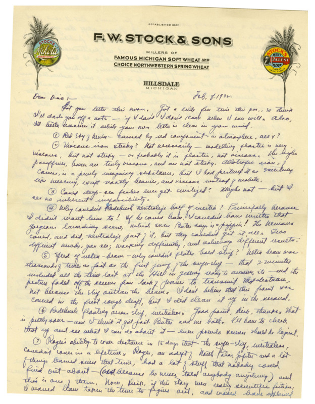 Handwritten letter from E. E. "Doc" Smith to Richard Dodson. Smith answers questions that Dodson had about his writing.