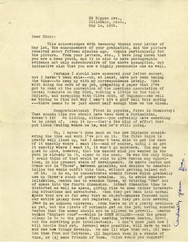 Typewritten letter from E. E. "Doc" Smith to Richard Dodson. Smith congratulates Dodson on his graduation and academic acheivments. Smith then answers a few questions about his progress on "Skylark".