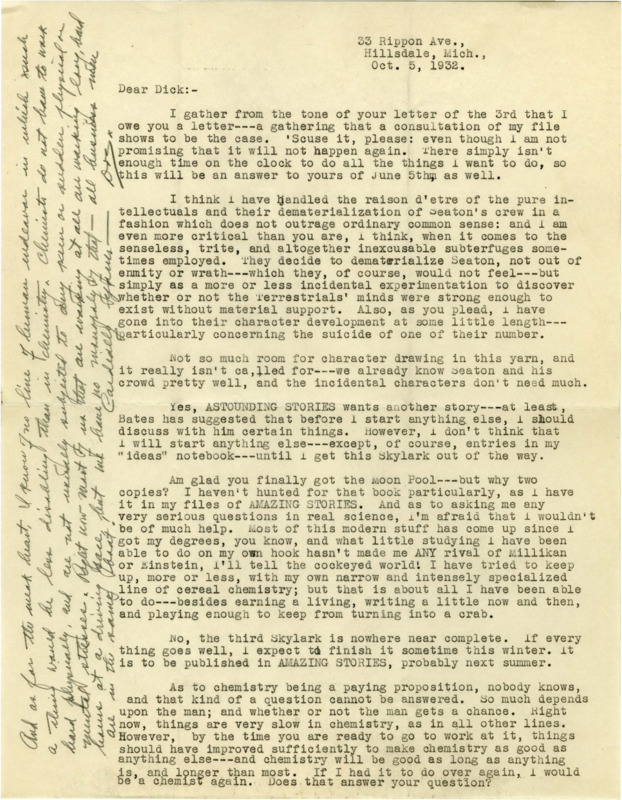 Typewritten letter from E. E. "Doc" Smith to Richard Dodson. Smith answers questions about his progress on "Skylark" and explains some reasoning behind his choices in the story. Smith then answers some chemistry questions Dodson had sent him.