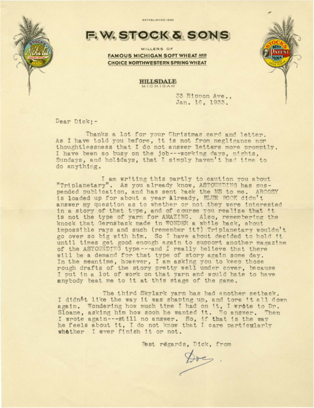 Typewritten letter from E. E. "Doc" Smith to Richard Dodson. Smith thanks Dodson for the christmas card he sent, and gives him an update on publishing his works.