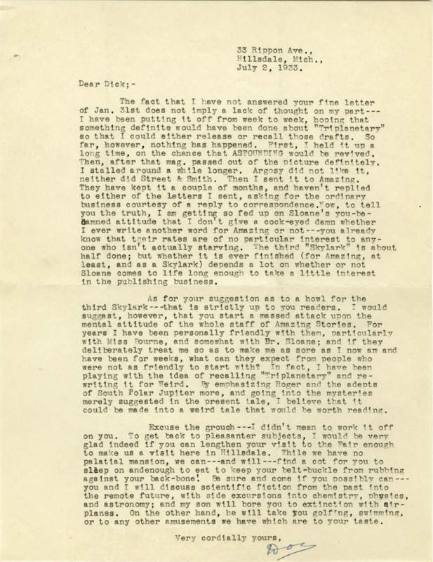 Typewritten letter from E. E. "Doc" Smith to Richard Dodson. Smith answers questions about "Triplanetary" and "Skylark", considering switching who he sends stories to after some negative interactions with the head of "Amazing Stories". Smith invites Dodson to visit him over the summer.