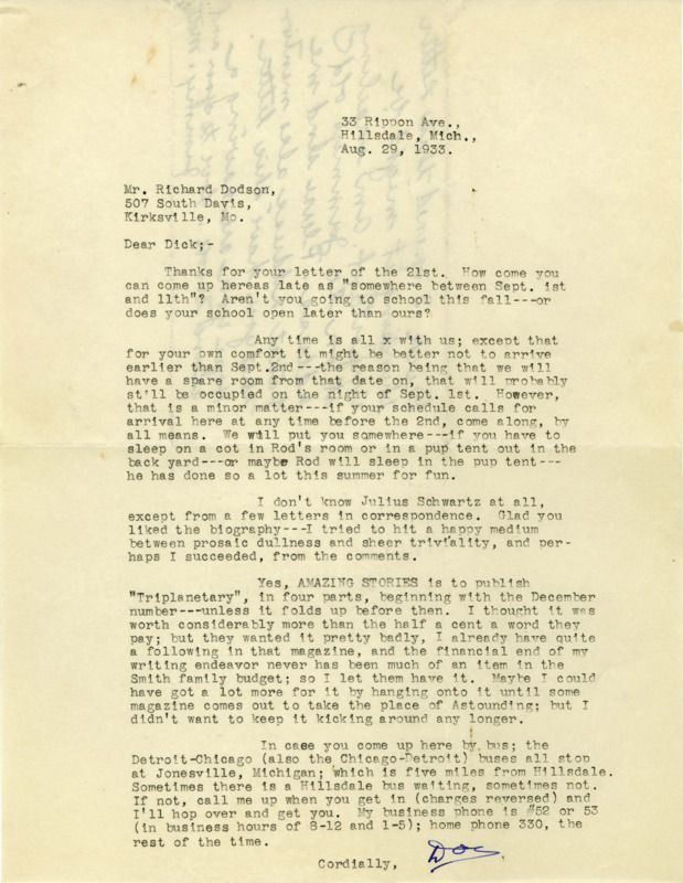 Typewritten letter from E. E. "Doc" Smith to Richard Dodson. Smith discusses plans for Dodson to visit then answers questions about "Triplanetary" being published in "Amazing Stories" soon.