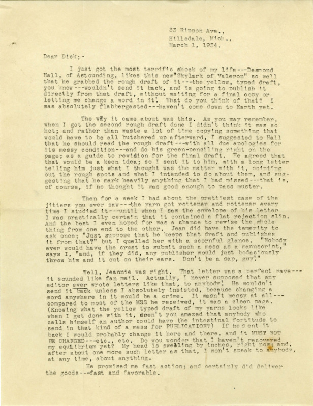 Typewritten letter from E. E. "Doc" Smith to Richard Dodson. Smith writes to Dodson about the new he received that his third "Skylark" is about to be published much earlier than expected.