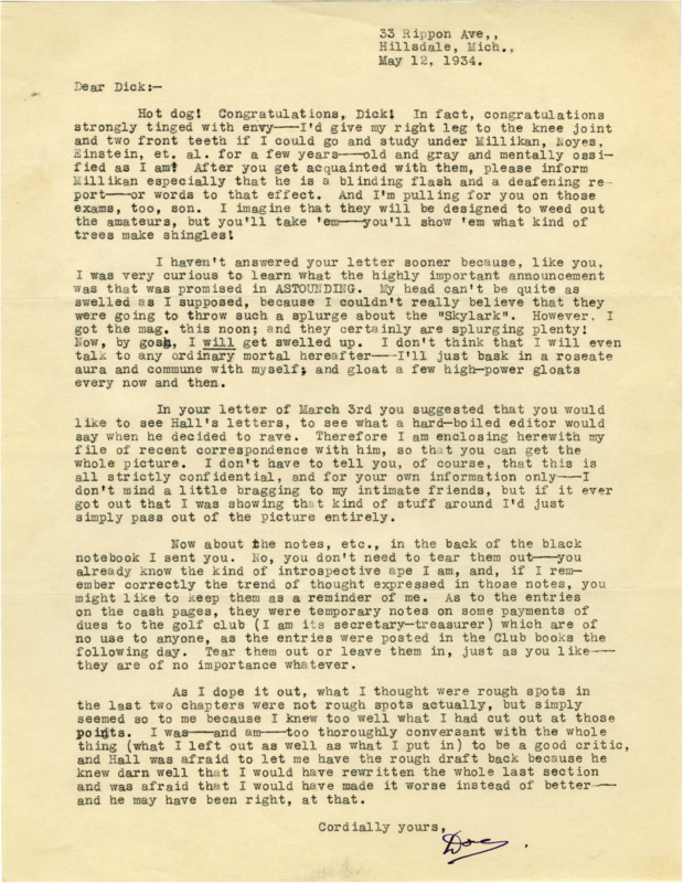 Typewritten letter from E. E. "Doc" Smith to Richard Dodson. Smith congratulates Dodson for getting accepted to higher education. Smith sends some notes he'd received from an editor so Dodson can see how professional critique works.