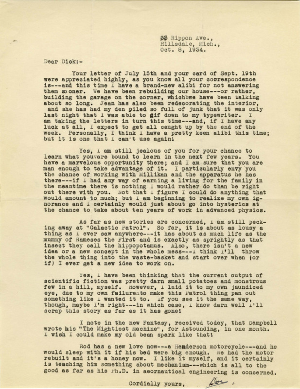 Typewritten letter from E. E. "Doc" Smith to Richard Dodson. Smith talks about remodeling his house and what he has been reading lately. Smith criticizes recent SF publications.