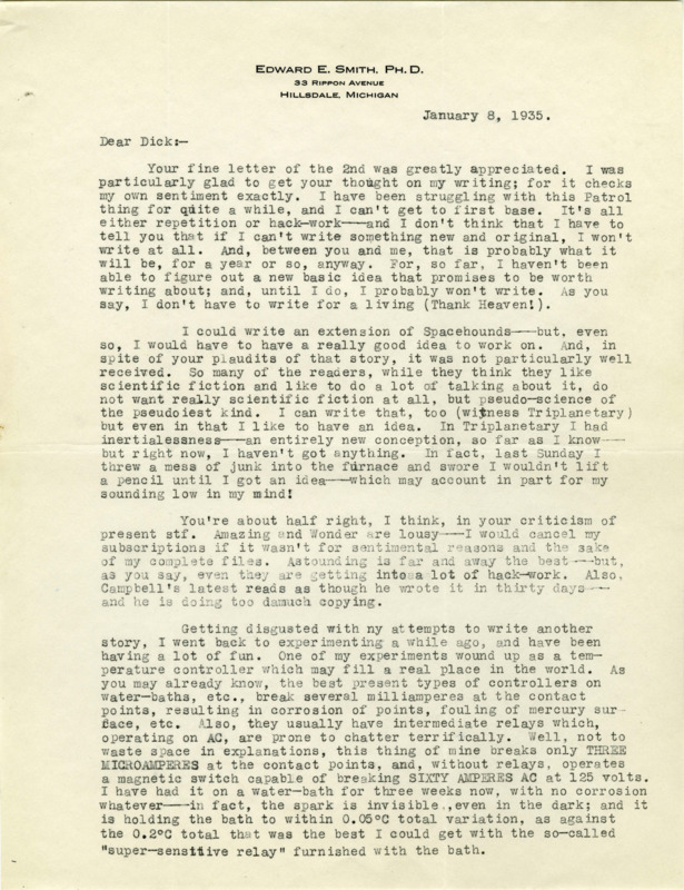 Typewritten letter from E. E. "Doc" Smith to Richard Dodson. Smith discusses different sci-fi publications that he likes and dislikes. Smith then talks about writing plans that he is considering.