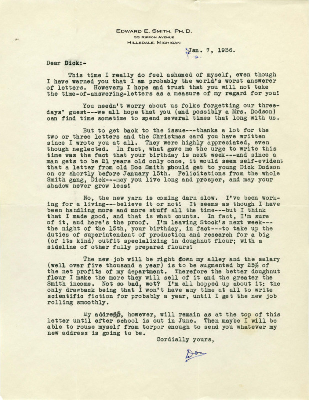 Typewritten letter from E. E. "Doc" Smith to Richard Dodson. Smith talks about progress on his new story, Smith then talks about how he is beginning a new job and moving addresses.