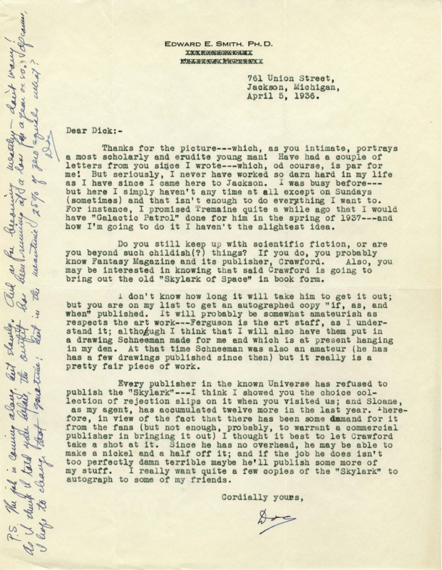 Typewritten letter from E. E. "Doc" Smith to Richard Dodson. Smith writes Dodson to tell him that his "Skylark" series is going to be published in book form. Smith also talks about his upcoming story "Galactic Patrol".