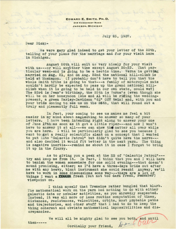 Typewritten letter from E. E. "Doc" Smith to Richard Dodson. Smith talks about plans for Dodson and his new wife's upcoming visit.