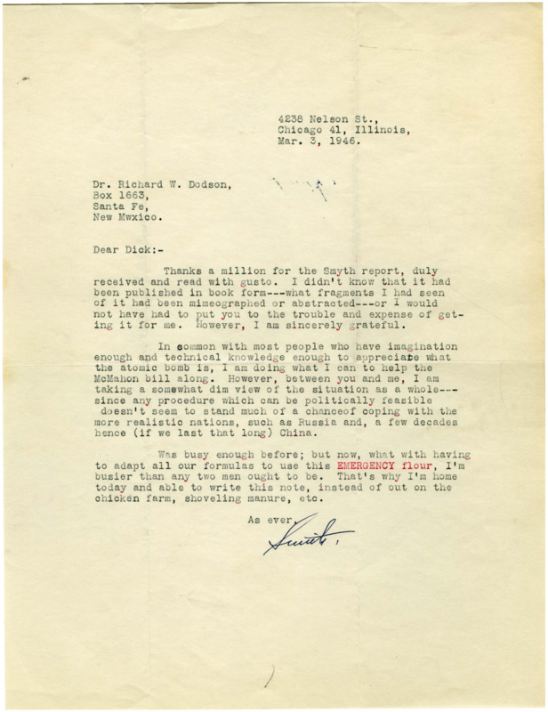 Typewritten letter from E. E. "Doc" Smith to Richard Dodson. Smith discusses world politics and how things are going at his work.