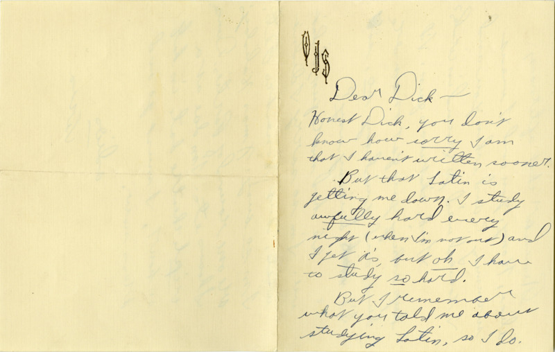 Handwritten letter from Verna Smith to Richard Dodson. Smith describes her struggle with being busy and learning latin.