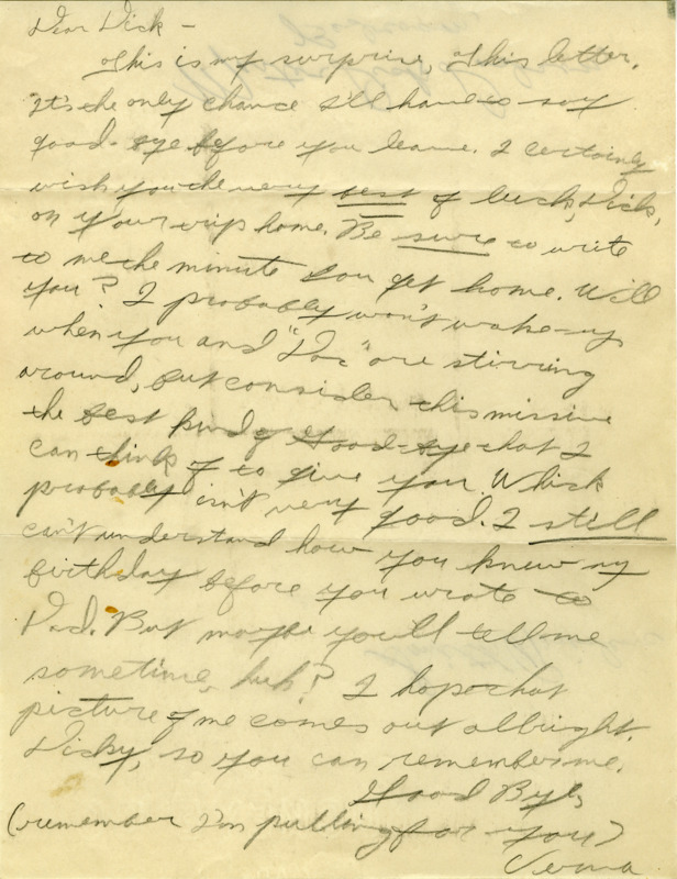 Handwritten letter from Verna Smith to Richard Dodson. Smith says goodbye to Dodson and tells him to write her as soon as he gets home.