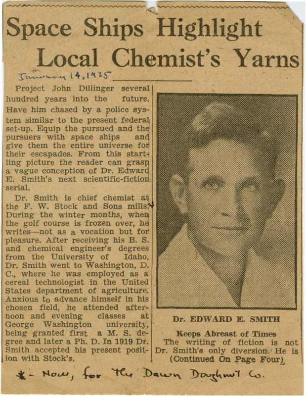 1935 Newspaper Article on E. E. "Doc" Smith. The article talks about his career in chemistry and his career of writing science fiction, giving short summaries of his stories.
