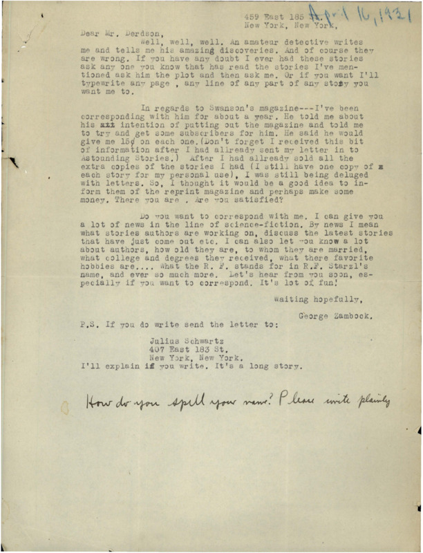 Typewritten letter from George Zambock (thought to be written or typed by Julius Schwartz) to Richard Dodson. The letter answers some assumptions Dodson made about a magazine and tells him to write back if he wants more answers.