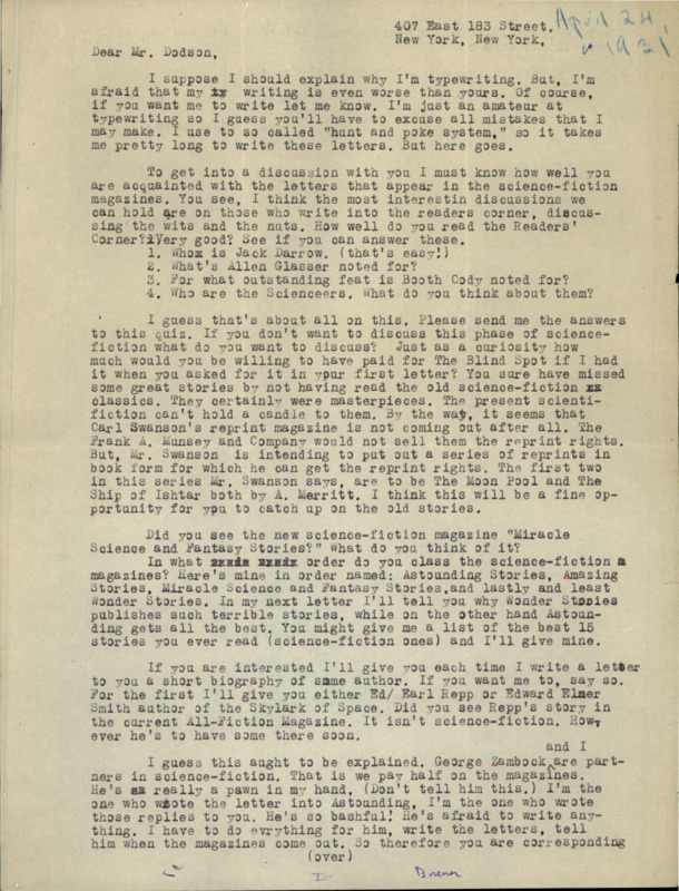 Typewritten letter from Julius Schwartz to Richard Dodson. Schwartz writes Dodson to share thoughts on authors and stories, inviting Dodson to ask him for more information on authors.