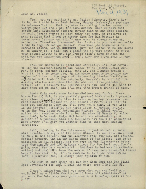 Typewritten letter from Julius Schwartz to Richard Dodson. Schwartz tells Dodson everything he knows about Smith and talks about stories that he likes.
