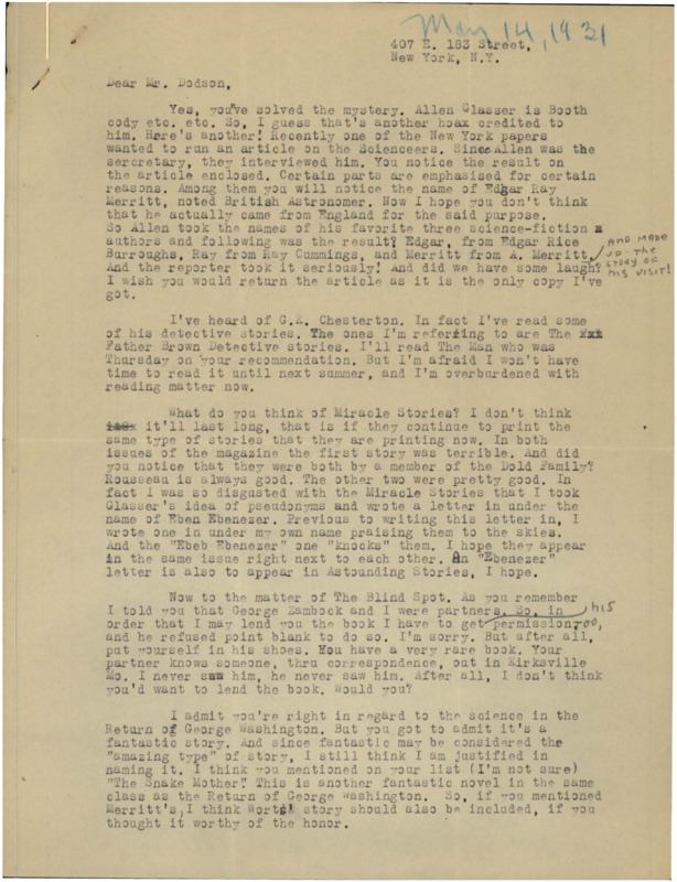 Typewritten letter from Julius Schwartz to Richard Dodson. Schwartz talks about a few authors and asks Dodson about his thoughts on a new magazine. He then talks about a few stories that he's recently read.