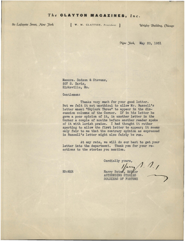 Typewritten letter from Harry Bates to Richard Dodson. Bates tells Dodson that he will not be publishing Mr. Russell's letter about "Skylark Three".