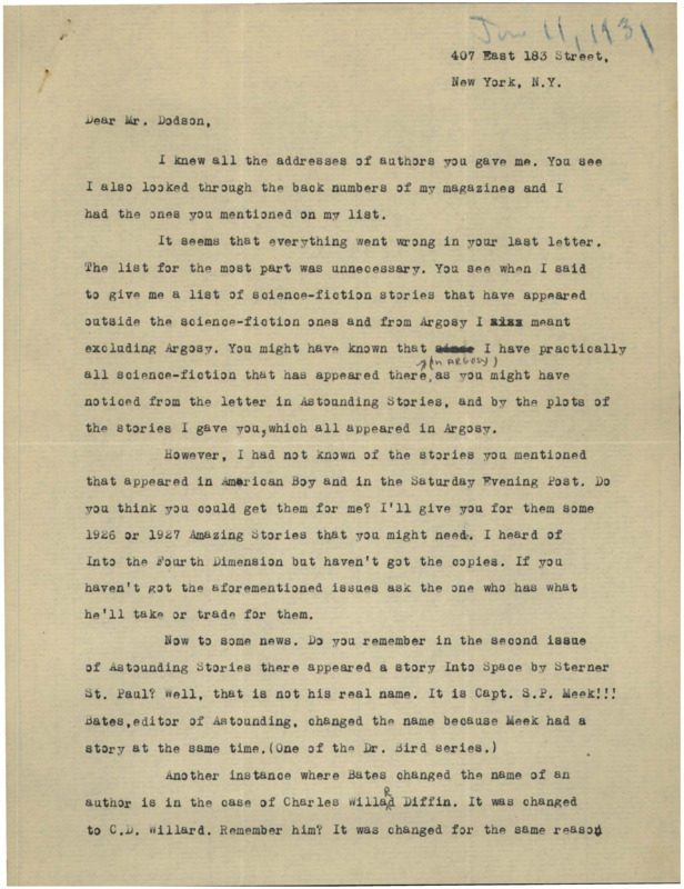 Typewritten letter from Julius Schwartz to Richard Dodson. Schwartz asks Dodson for a list of SF stories that he's read outside of SF specific publications. Schwartz then talks about news in upcoming publications.