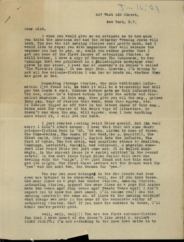Typewritten letter from Julius Schwartz to Richard Dodson. Schwartz asks about the price of some publications and discusses a new magazine he'd recently read. He then talks about a few stories he'd read then gives him information on another author.