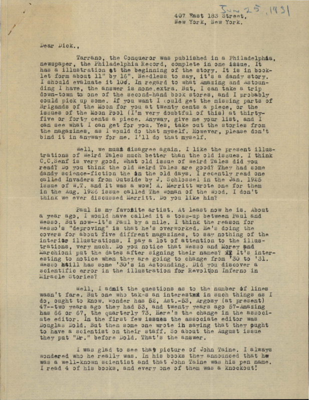 Typewritten letter from Julius Schwartz to Richard Dodson. Schwartz talks about a new story he liked and argues against Dodson's stance on the illustrations in Amazing Stories. He then tells Dodson about another auther and tells him news about a few publications.
