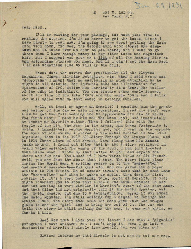 Typewritten letter from Julius Schwartz to Richard Dodson. Schwartz discusses an author that he and Dodson like then tells him about a SF publication that is about to be discontinued. He then tells Dodson about another author and asks Dodson some questions about himself.