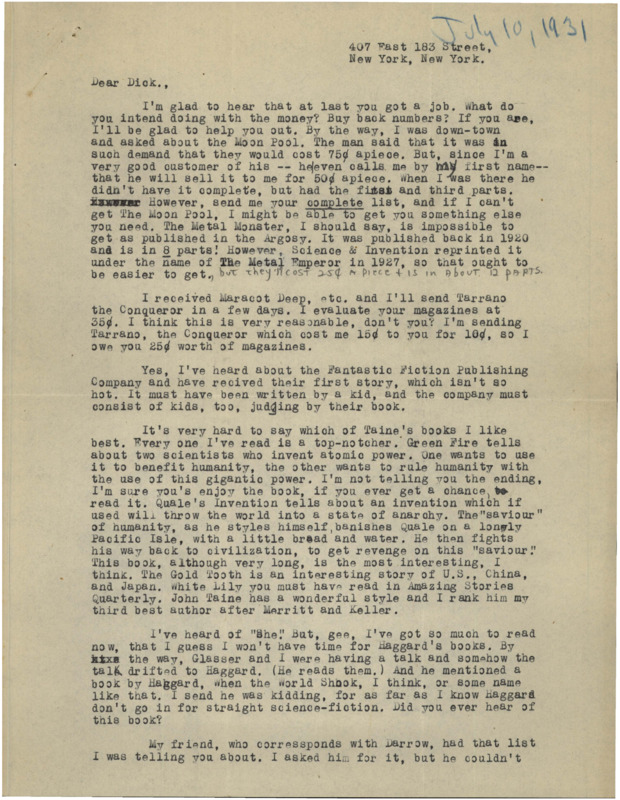 Typewritten letter from Julius Schwartz to Richard Dodson. Schwartz congratulates Dodson on getting a job then talks about some recent stories he'd read. He then tells Dodson some information about another author.