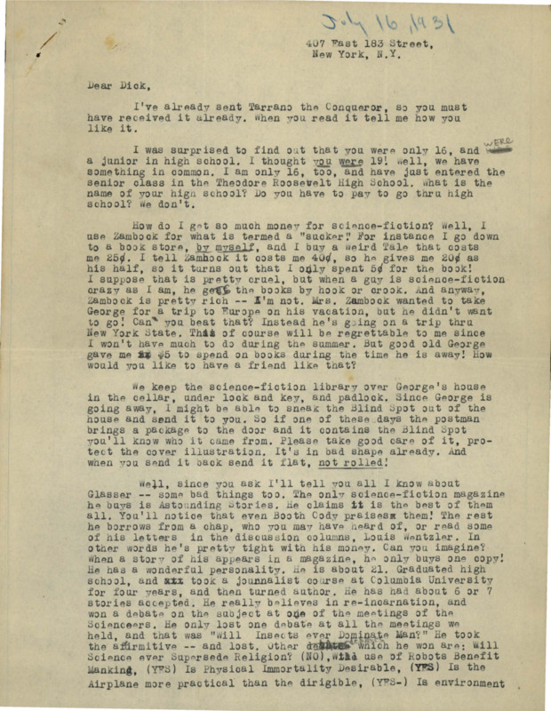 Typewritten letter from Julius Schwartz to Richard Dodson. Schwartz is surprised that he and Dodson are both 16, and explains how he can afford so many books and magazines. He then talks about some SF news and asks Dodson some more questions about himself.
