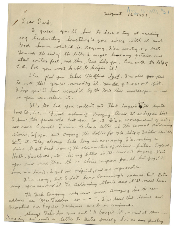 Handwritten letter from Julius Schwartz to Richard Dodson. Schwartz talks about the book that he sent Dodson, then talks about some other publications and gives Dodson information on another author.