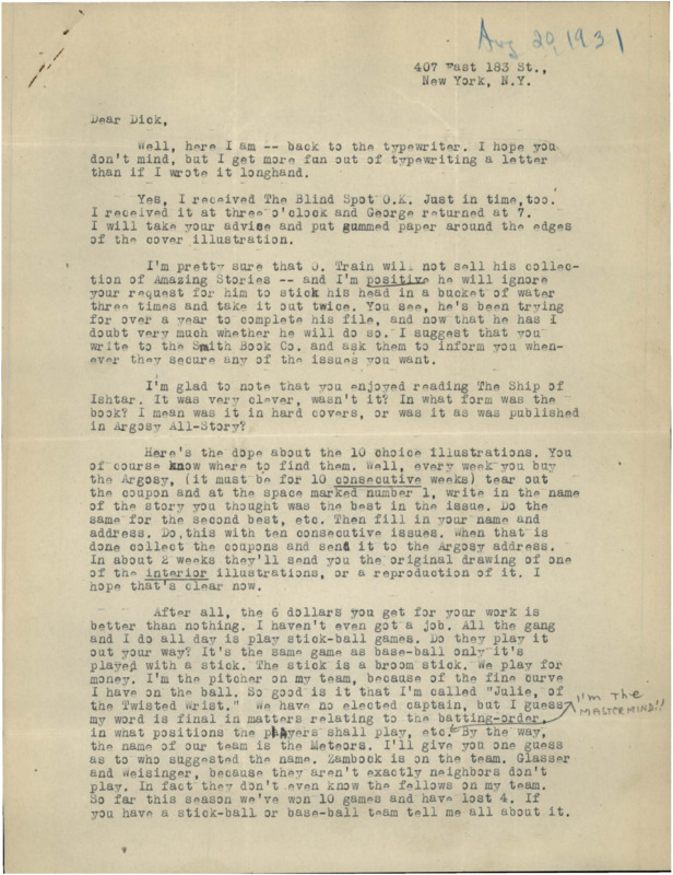 Typewritten letter from Julius Schwartz to Richard Dodson. Schwarts tells Dodson how to get more illustrations by saving coupons from a publication, then he talks about his school life and stick and ball team. He then talks about another author.