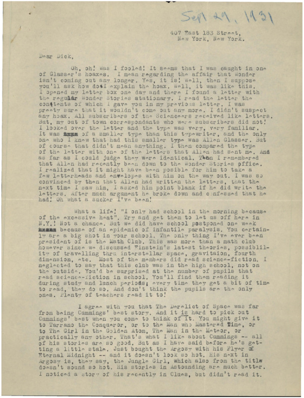 Typewritten letter from Julius Schwartz to Richard Dodson. Schwartz talks about his recent school life then agrees with Dodson's critique of a story. He then talks about the author Ralph Farley.