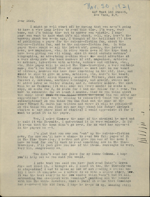 Typewritten letter from Julius Schwartz to Richard Dodson. Schwartz talks about the SF fan publication he wants to start, then discusses the chemicals used in the meteor prank he spoke of in his previous letter. He then talks about recent stories he enjoyed reading.