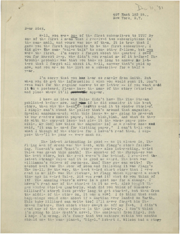 Typewritten letter from Julius Schwartz to Richard Dodson. Schwartz tells Dodson he received his subscription payment to the new publication he is starting called "The Time Traveller (TTT)", Dodson is one of the first to subscribe. After that he talks about recent SF publications and stories, as well as the release and reception of Universal Pictures' "Frankenstein".
