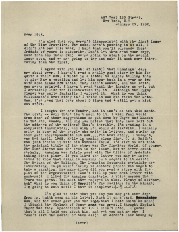 Typewritten letter from Julius Schwartz to Richard Dodson. Schwartz talks about how TTT is low on subscribers, but he is glad that Dodson enjoyed the first issue. He then criticises Cummings' recent works, and discusses Williamson's recent works. Schwartz then talks about recent SF publications and stories, as well as an article by Zambock written under a pen name.