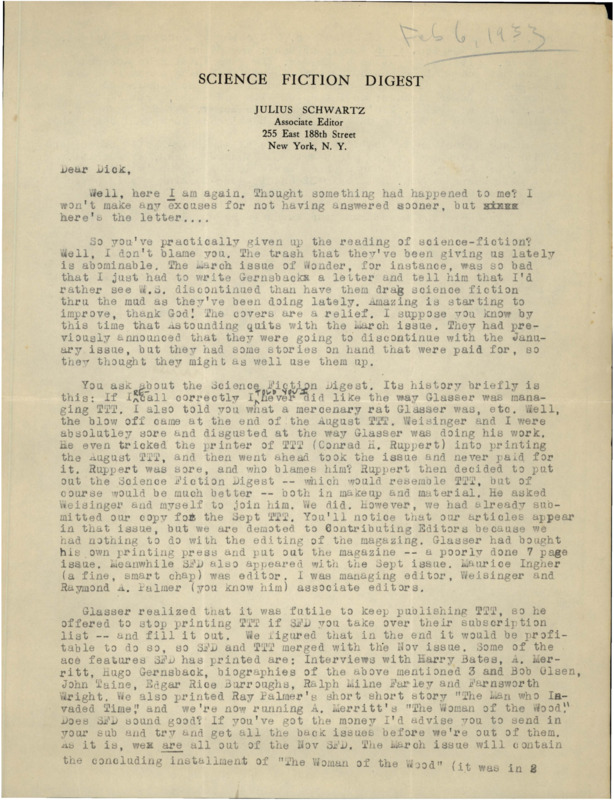 Typewritten letter from Julius Schwartz to Richard Dodson. Schwartz agrees with Dodson's criticism of recent SF stories and his loss of interest in reading SF. He then talks about SF publication news, including the conclusion of publishing "TTT".