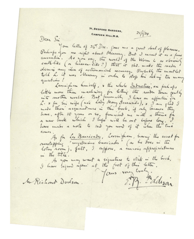 Handwritten letter from Eric Rocker Eddison to Richard Dodson. Eddison thanks Dodson for his letter then talks about SF, he signs the bottom of the letter so Dodson can have his autograph.
