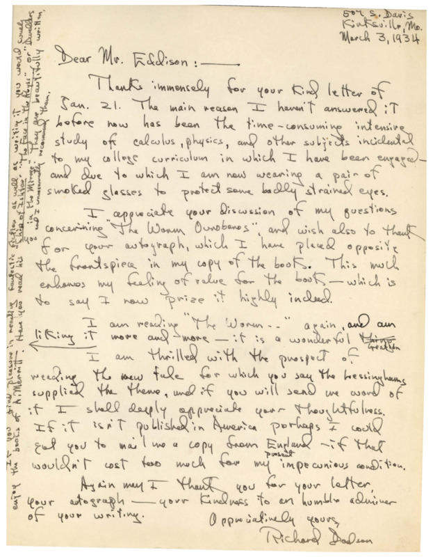 Handwritten letter from Richard Dodson to Eric Rocker Eddison. Dodson apologizes for his late reply, saying he had been busy with his classes. He then thanks Eddison for answering his questions. Dodson then talks about what he is currently reading.