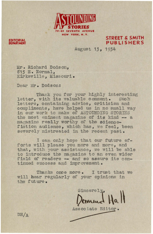 Typewritten letter from Desmond Hall (associate editor of Astounding Stories) to Richard Dodson. A letter from Hall thanking Dodson for his commentary on "Astounding Stories".