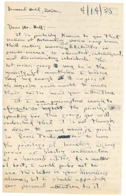 Handwritten letter from Richard Dodson to Desmond Hall (associate editor of Astounding Stories). Dodson gives Astounding Stories constructive criticism, using examples of stories he likes to give advice.