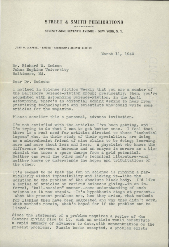 Typewritten letter from John W. Campbell to Richard Dodson. Campbell invites Dodson to contribute to the scientific technology sections of Astounding, saying that he needs better articles for that section.