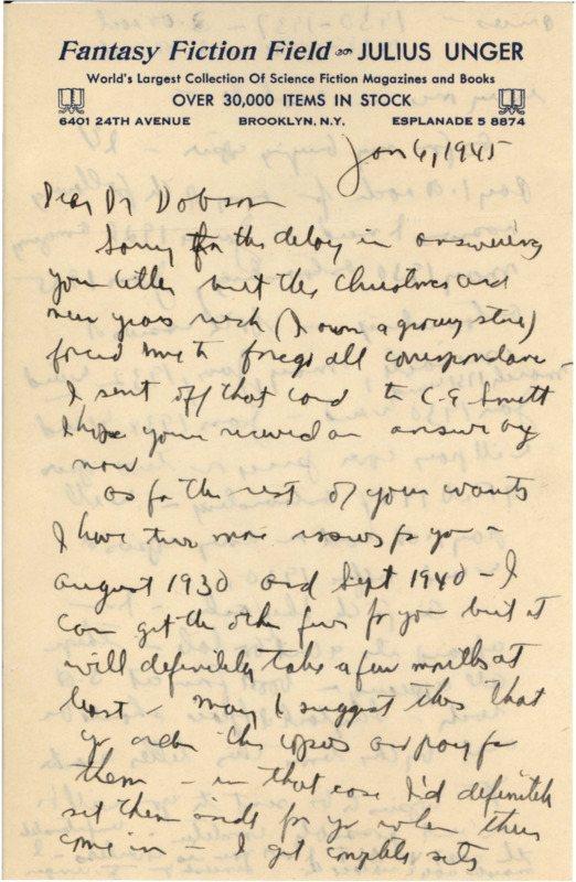 Handwritten letter from Julius Unger to Richard Dodson on Fantasy Fiction Field paper. Unger was an early science fiction bookseller.