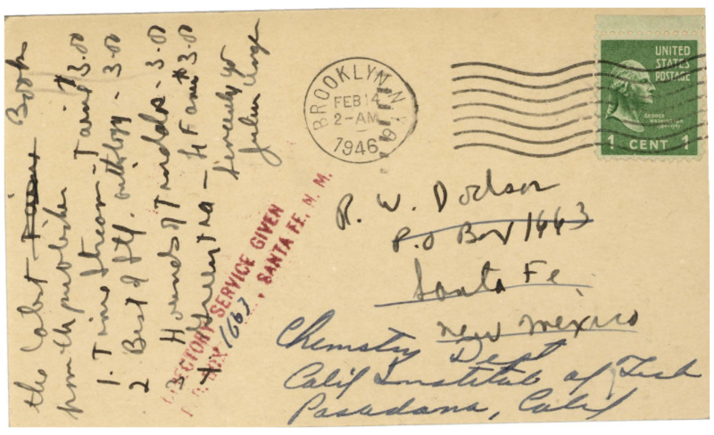 Handwritten postcard from Julius Unger to Richard Dodson. Unger was an early science fiction bookseller. Dodson requests a few copies of Astounding, and thanks Unger for forwarding a letter to Smith.