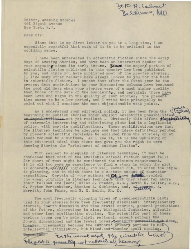 Undated typewritten letter from Richard Dodson to Editor, Amazing Stories. Dodson suggests some changes in Amazing Stories; different editors, and screening for stories published.
